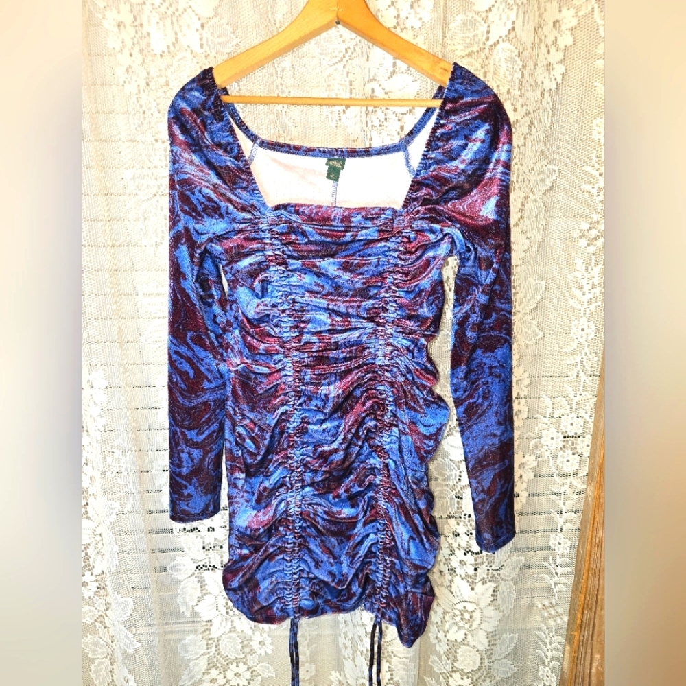 Wild Fable Blue And Burgandy Velvet Ruched Mini Dress, Long Sleeve, Womens Med